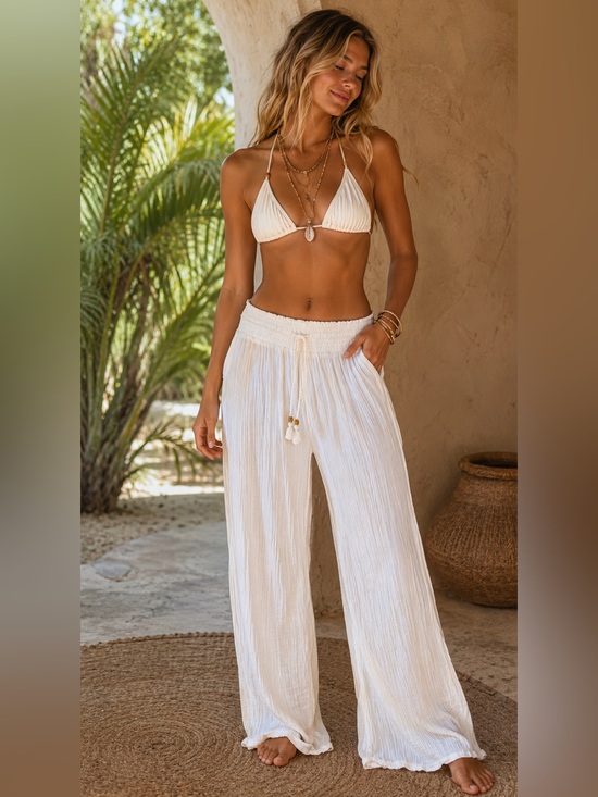 Abercrombie & Fitch Pants - Abercrombie & Fitch White Gauze Beach Wide Leg Pants SMALL Boho Resort Coastal